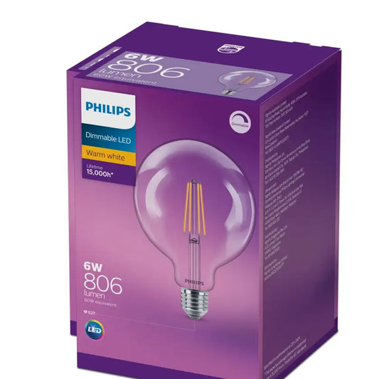 Philips LED Classic G120 6W 806 lm Clear Filament, Dimmable, E27