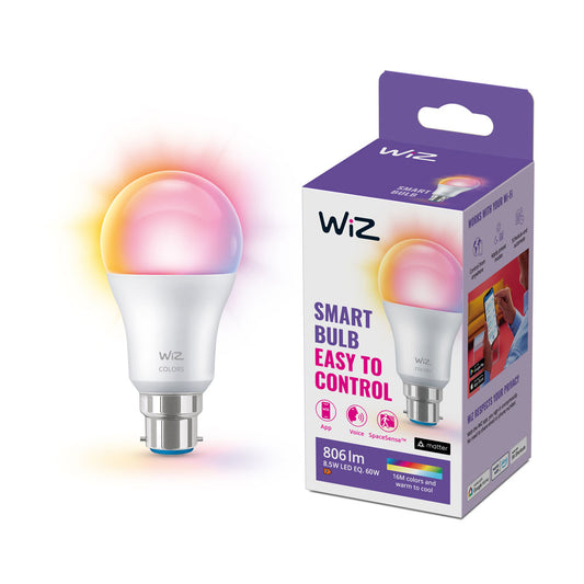 WiZ A60 Smart Bulb B22 8W (60W Eq) Full Colour Up to 806 lm | Wi-Fi | Works with Alexa & Google