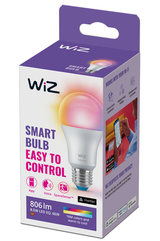 WiZ A60 Smart Bulb E27 8W (60W Eq) Full Colour Up to 806 lm | Wi-Fi | Works with Alexa & Google
