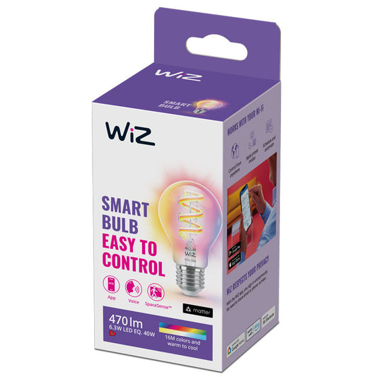 WiZ A60 Filament Smart Bulb E27 Clear 6W Full Colour | Wi-Fi | Works with Alexa & Google