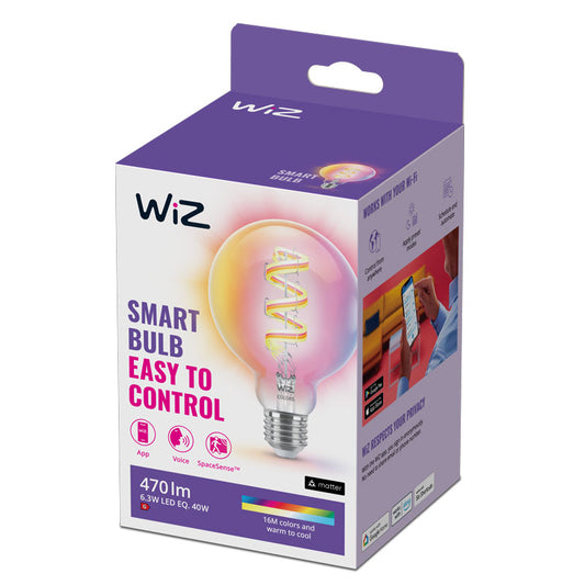 WiZ G95 Filament Smart Bulb E27 Clear 6W Full Colour | Wi-Fi | Works with Alexa & Google