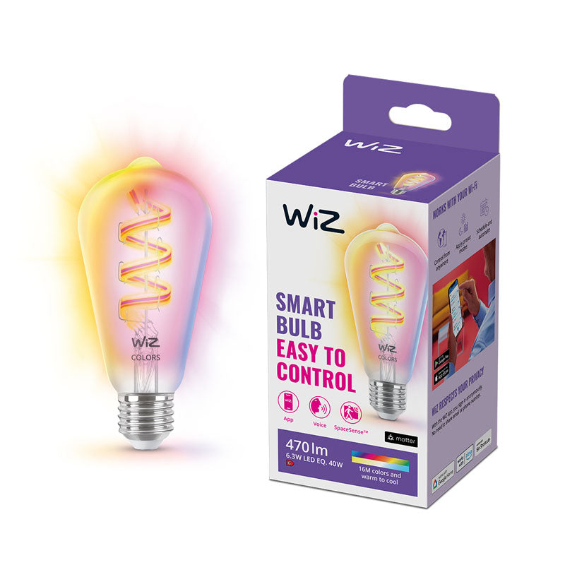WiZ ST64 Filament Smart Bulb E27 Clear 6W Full Colour | Wi-Fi | Works with Alexa & Google