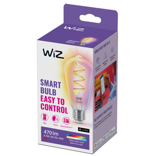 WiZ ST64 Filament Smart Bulb E27 Clear 6W Full Colour | Wi-Fi | Works with Alexa & Google