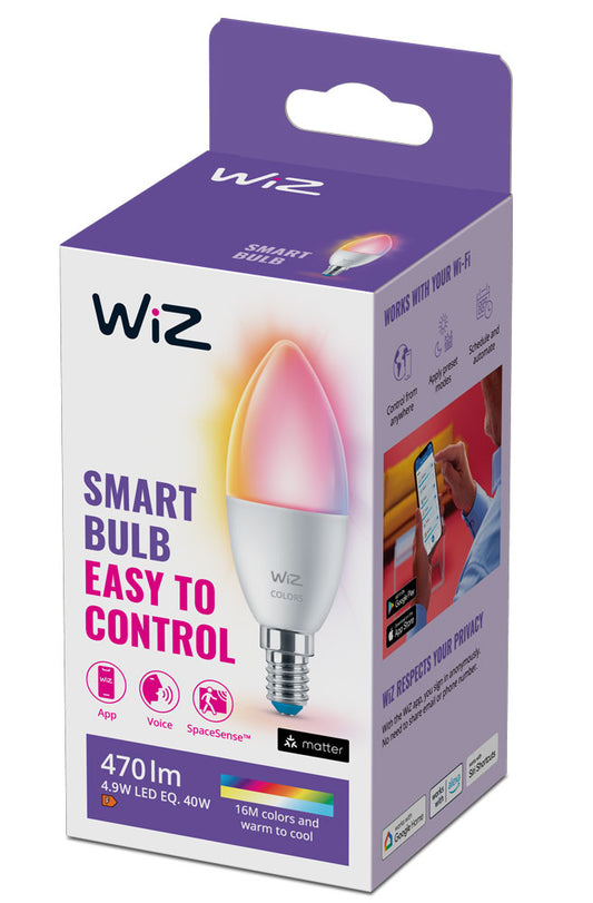 WiZ C37 Candle Smart Bulb E14 4.9W (40W Eq) Full Colour Up to 470 lm | Wi-Fi | Works with Alexa & Google
