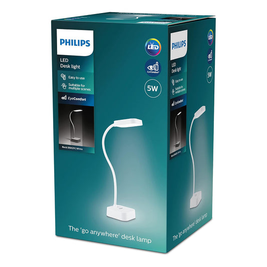 Philips Rock DSK211 5W LED desk lamp in white (5000K, EyeComfort) – SKU 929003241407, EAN 8719514443815