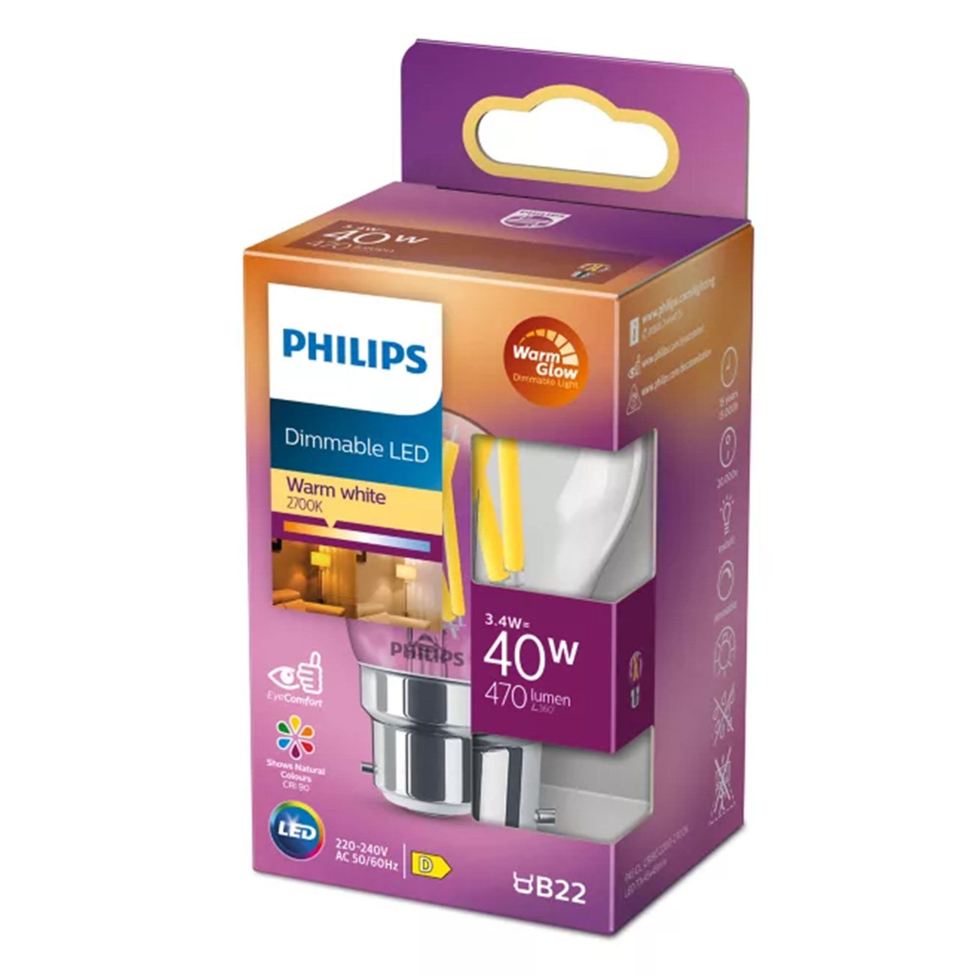 Philips LED Classic Golf ball 3.4W 640lm Warm Glow Dimmable B22