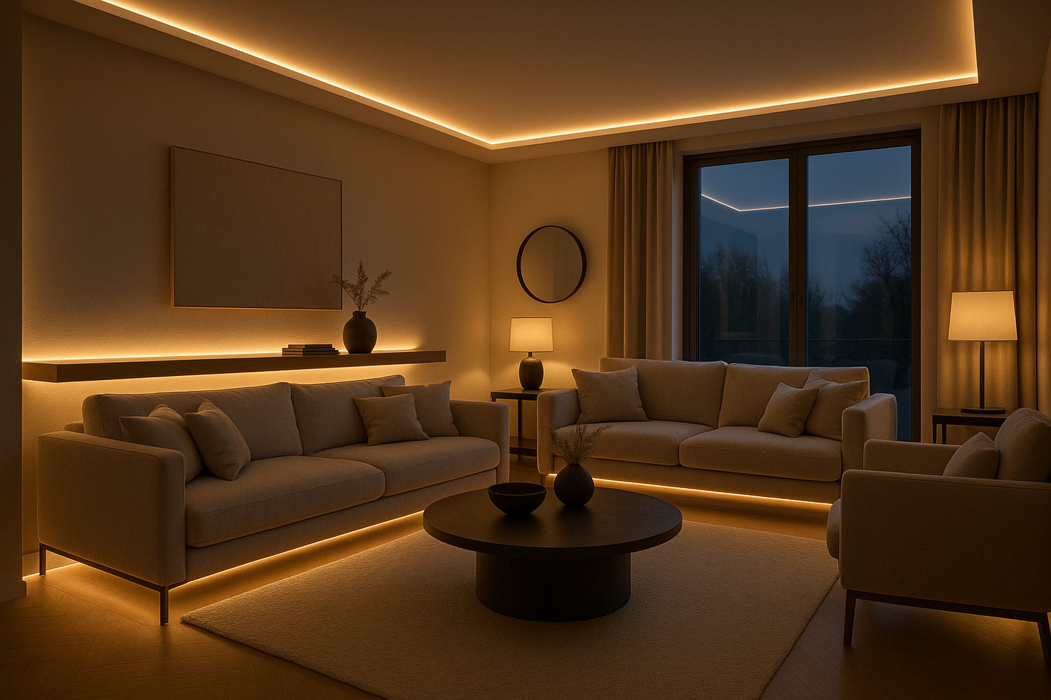 a beautiful living room lit with led strip lighting 