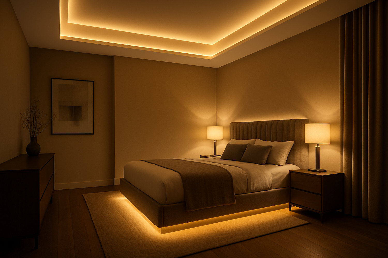 a bedroom beautifully lit by sstrip lighting in the coves and under the bed