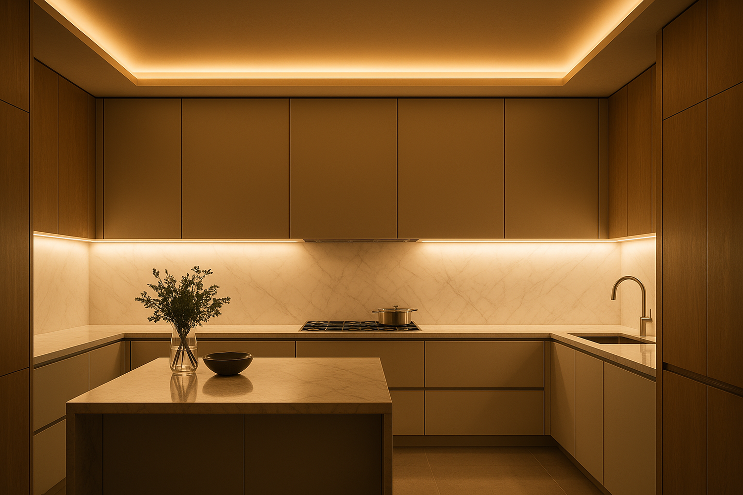 A kitchen beautifuly lit by led strip lights in the cove and under counter.  a elegent kitchen 