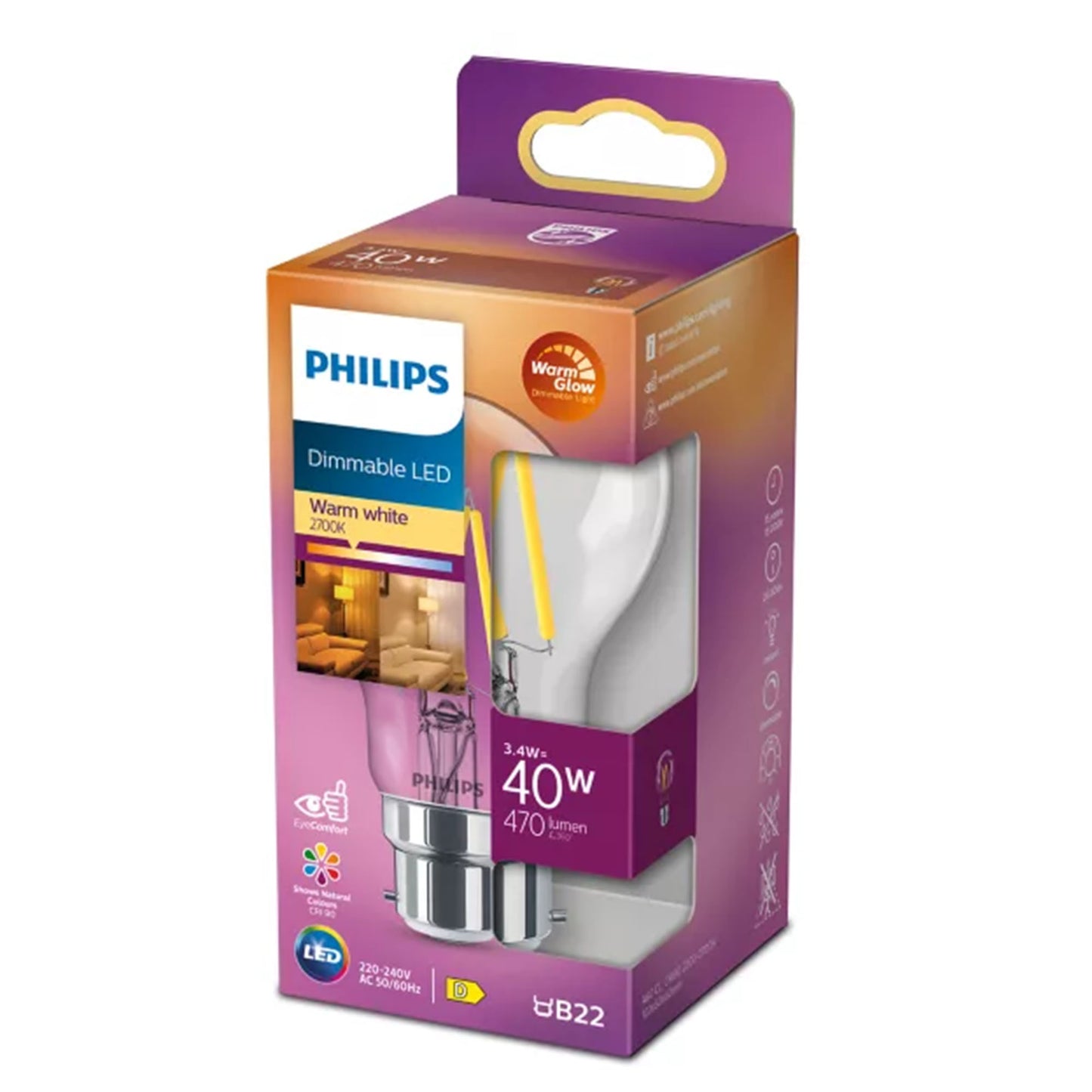 Philips LED Classic A60 3.4W 470lm Bulb Warm Glow Dimmable B22