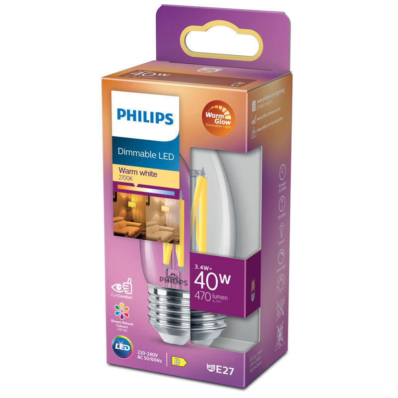 Philips LED Classic Candle 3.4W 470lm Warm Glow Dimmable E27