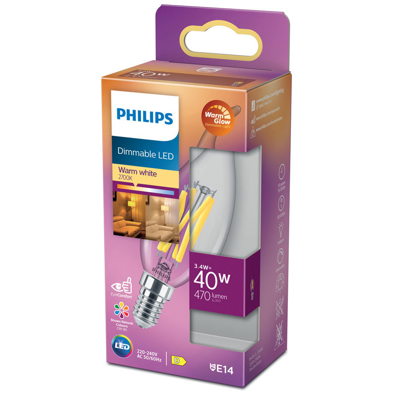 Philips LED Classic Candle 3.4W 470lm Warm Glow Dimmable E14 Flame Tip